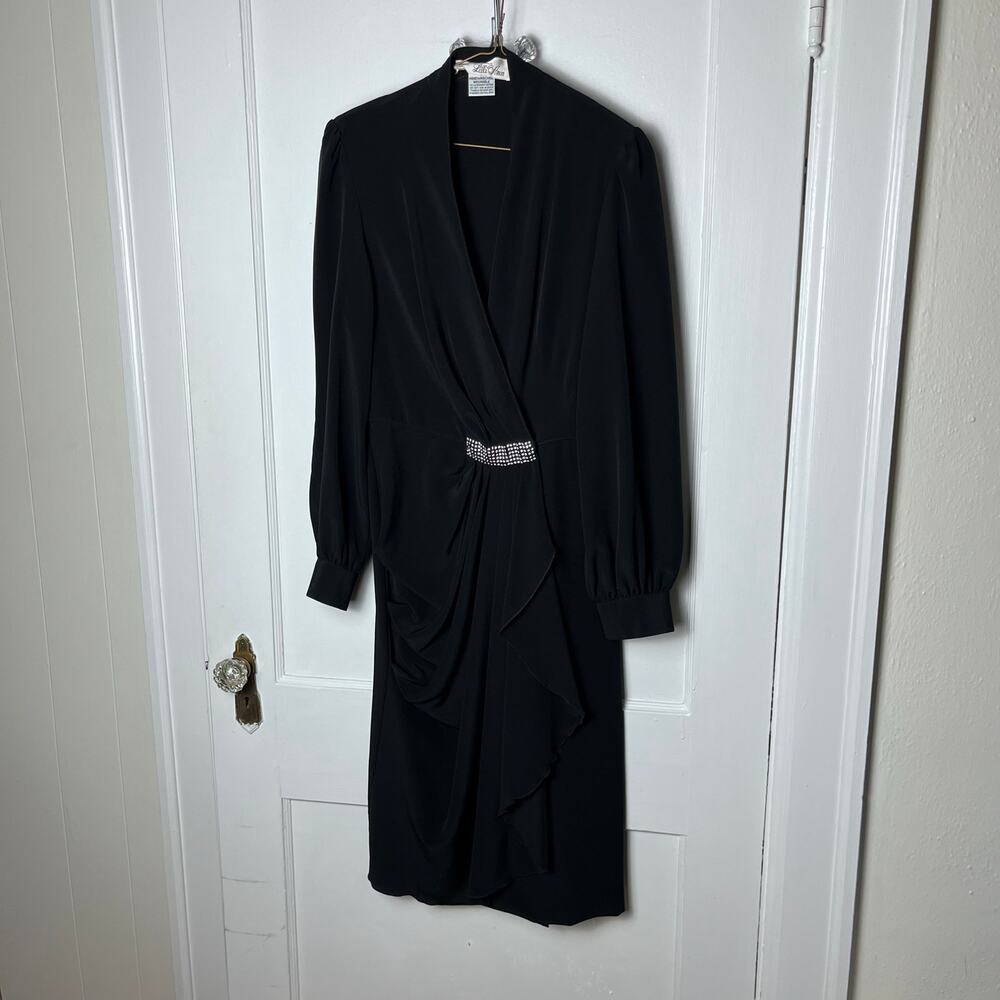 Vintage Lilli Ann Women's Black Long Sleeve Chiffon Rhinestone 80s Dress Size S